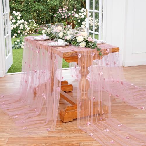 Fanqisi Dusty Rose Pearl Table Runner Floral Tulle Gauze Runner 10FT 4 Pack - Image 7