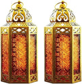 VELA LANTERNS 12" Metal Moroccan Decorative Candle Lantern Holders for Hanging or Table, Indoor Home Decor, Outdoor Patio or Porch, Weddings, Gold, Amber Glass, Large, Set of 2 by VelaCandleLanterns
