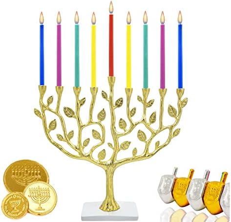 The Dreidel Company Large Gold Hanukkah Menorah Tree of Life with Stone Base 11 Imces Long - Image 2