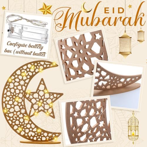 DoubleFill Eid Mubarak Ramadan Crescent Moon Star Light 27.56 x 20.67 Inches LED Wooden Ramadan Mubarak Decoration Eid Gift for Home Bedroom Floor Yard Lawn Islamic Outdoor Decor(Classic) - Image 3