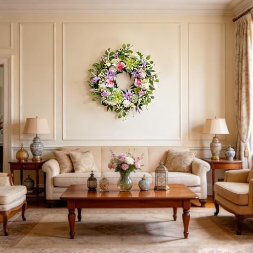 24 Inch Spring Wreath for Front Door, Artificial Spring Summer Floral Wreath with Dahlia Hydrangea Orchid for Home Wall Wedding Festival Indoor Outdoor Decor - Image 6