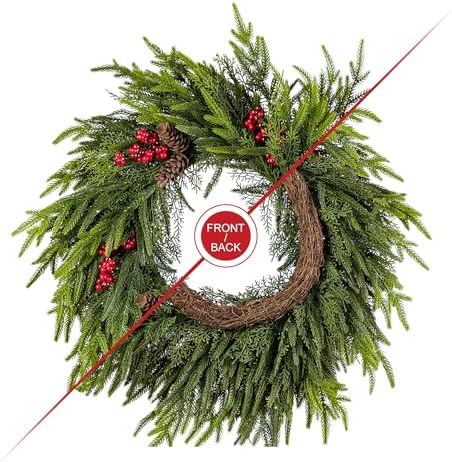 Glitzhome 24 Inch Christmas Wreaths for Front Door, Artificial Greenery Wreath with Pine Cones and Red Berries for Windows, Walls, Porches, Indoor and Outdoor Home Decoration - Image 6