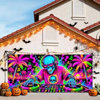 7x16FT Halloween Neon Skull DJ Garage Door Banner UV Reactive Fluorescent Skeleton DJ Garage Door Cover Decoration for Hallowen Decoration - Image 2