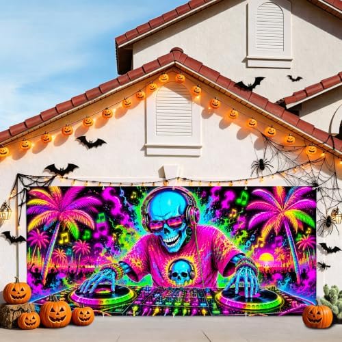 7x16FT Halloween Neon Skull DJ Garage Door Banner UV Reactive Fluorescent Skeleton DJ Garage Door Cover Decoration for Hallowen Decoration - Image 2
