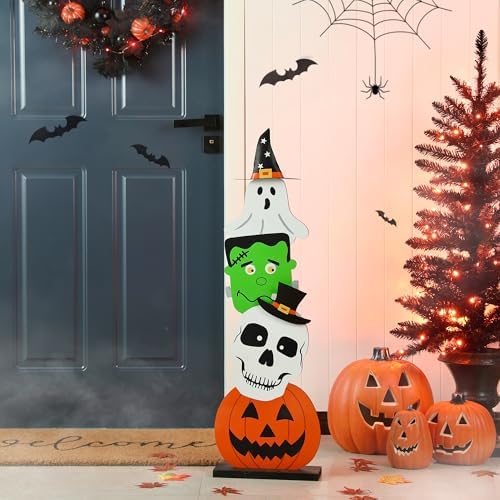 Glitzhome 36'H Wooden Halloween Stacked Ghost Frankenstein Skull Pumpkin Porch Decor, Farmhouse Yard Sign Rustic Style Porch Sign with Wood Base for Home Party Decor by Glitzhome