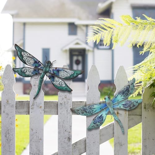 LIFFY Glass Metal Dragonfly Wall Decor Pair - Outdoor Wall Art for Garden and Home - Hanging Decor Gifts for Women, Light Blue - Image 2