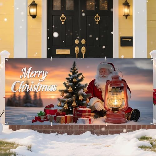 Christmas Garage Door Banner with Santa Claus and Christmas Tree – Holiday Garage Mural Cover with Oil Lantern, Gifts, and Sunset Snow Scene – Outdoor Winter Decoration for Home - Image 6
