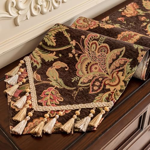 Floral Embroidered Table Runner 72" Non-Slip Tassels, Dark Brown - Image 6