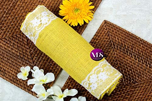 VDS Pack of 5, Burlap Table Runner with White Lace Edge, 100% Natural Jute Rustic Hessian Table Cloth Centerpiece for Wedding Birthday Party Banquet Table Decoration (Size 12X108 Inch)(Yellow) - Image 6