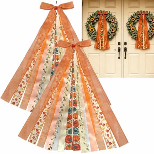 Fall Wreath Sash for Front Door, 2Pcs Orange Maple Leaves Assorted Ribbon Bow, Large Fall Clip-On Wreaths Ribbon Bundle for Thanksgiving Autumn Party Decor by DreamLoomonasale
