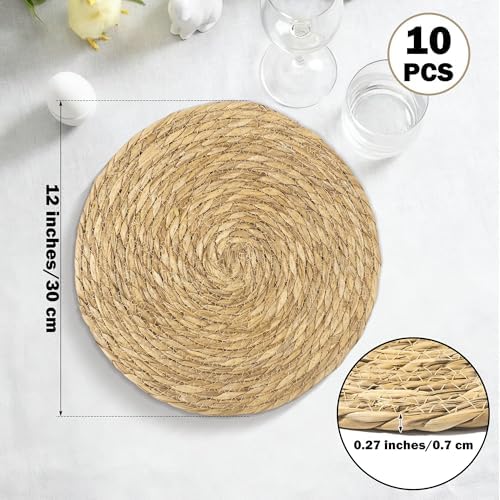 Elcoho 10 Pieces Round Woven Placemats 12 Inch Boho Rattan Placemats Farmhouse Braided Place Mats Woven Plate Chargers Rustic Wicker Table Mats for Dining Table - Image 2