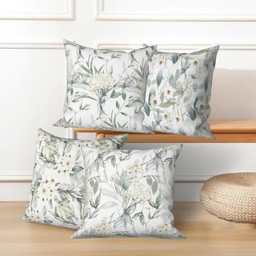 4 Pcs/Set Flowers Pillow Covers Summer White Floral Green Leaves Plants Watercolor Natural Scenery Linen Throw Pillow Covers for Outdoor Couch Sofa Farmhouse Bedroom Decor, 24"x24" - Image 4