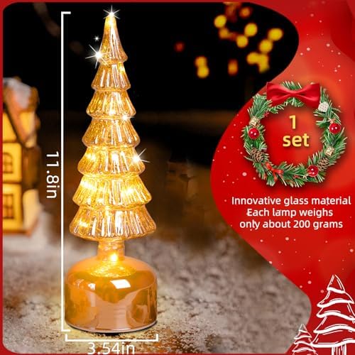 Glass Christmas Trees for Tabletop, Rotating Mercury Glass Christmas Tree Decoration, Sparkling Small Xmas Tree with Lights, Battery Operated Xmas Trees with Timer (Gold) - Image 4