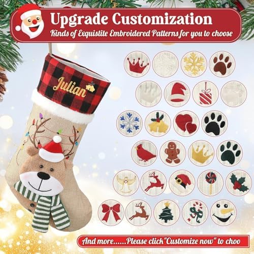 Personalized Christmas Stockings with Embroidered Name & Monogram,Custom 3D Xmas Character Stocking 4 Pack 18” Large,Santa,Snowman & Reindeer Fireplace Hanging Red Burlap Plaid Stockings(C) - Image 5