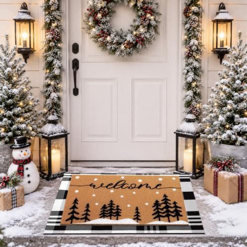 Tinideya 2 Pcs Christmas Layered Doormat Set for Front Porch, Snowy Tree - Image 5