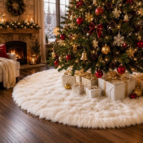 YEAHOME Christmas Tree Skirt, 60” Large White Tree Skirts with Soft Faux Fur Plush for Christmas Tree Decorations, White Christmas Tree Skirts Xmas Decorations for Indoor Holiday Party Decor by YEAHOME