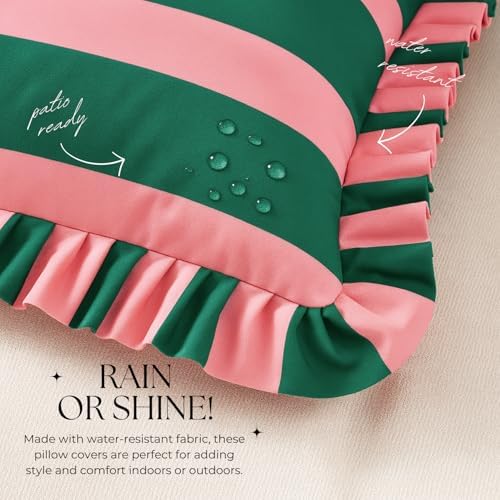 MONDAY MOOSE Decorative Throw Pillow Covers, Set of 2 Water-Resistant Striped Design with Ruffle Edge for Outdoor/Indoor Use, Pillow Inserts Not Included (16x16 inch, Pink/Dark Teal) - Image 3