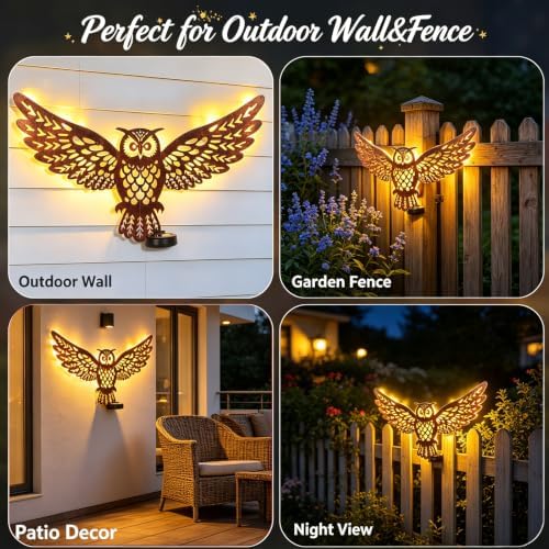 2 Pack 23" Metal Owl Outdoor Wall Decor with 35 Led Solar Lights - Image 3