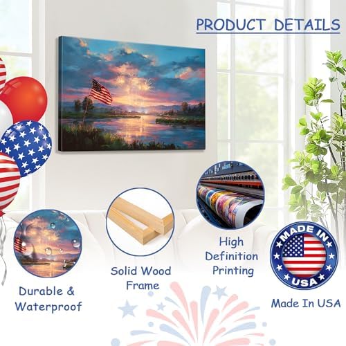 HomeifHue July 4th Patriotic Canvas Wall Art 4th of July USA Decorations Sunset Lake and American Flag with Fireworks Print Independence Day Home Decor24x36in - Image 4
