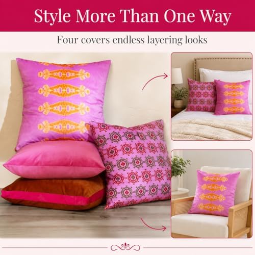 Pink Patterned Decorative Throw Pillow Covers, Set of 4, 18x18 Inch Bold Boho Accent Pillow Cover 4 Pack - Image 3