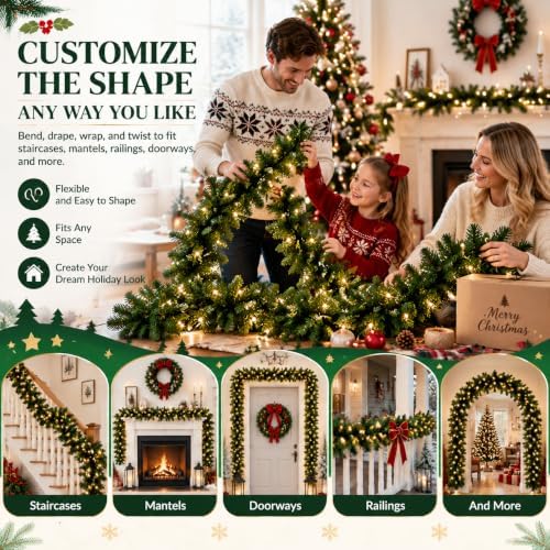 9FT Christmas Garland with Lights, Prelit Lighted Christmas Decorations for Mantle Fireplace Table Stairs,Green Garland Winter Indoor Outdoor Vintage Xmas Home Door Holiday Decor - Image 4
