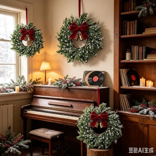 8 Set Christmas Hanging Wreaths Small Snow Flocked Artificial Cedar Wreaths with Red Velvet Ribbon Bronze Bells Mini Faux Greenery Wreath for Front Door Porch Cabinet Window Xmas Holiday Decorations - Image 6