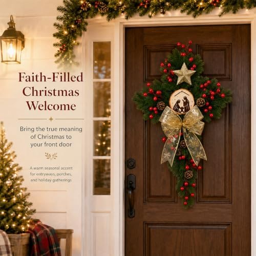 Riceshoot Christmas Nativity Cross Wreath with Gold Organza Bow and Star - Image 5
