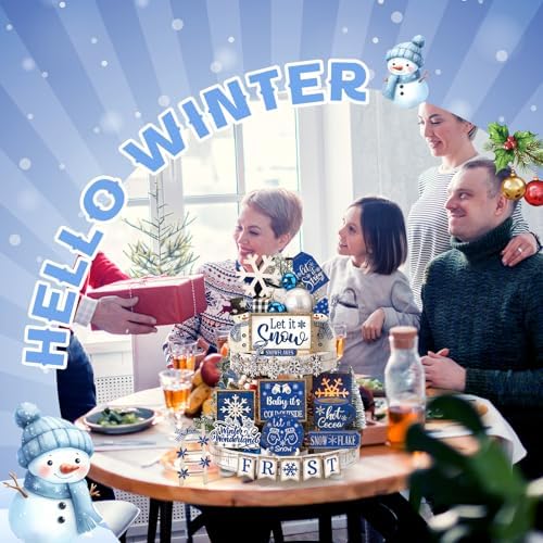 Nuogo 24 Pcs Winter Tiered Tray Decorations Set and 2 Tiered Tray Stand with Handle Winter Table Decoration Tabletop Snowman Snowflake Decorations for Home Farmhouse Hot Cocoa - Image 6