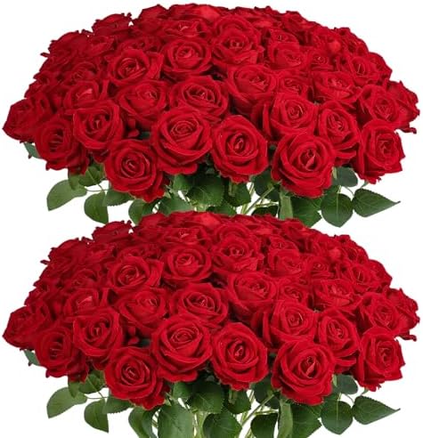 Auihiay 60Pcs Red Roses Artificial Flowers, Faux Roses, Velvet Silk by Auihiay
