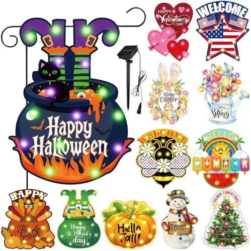 Reallnaive 12 Pcs Solar Seasonal LED Garden Flags 12 x 18 Inch Yard Flags 4th of July Summer Fall Halloween Thanksgiving Day Decorations Welcome Garden Flag Lawn Yard Outdoor Holiday Decoration by Reallnaive