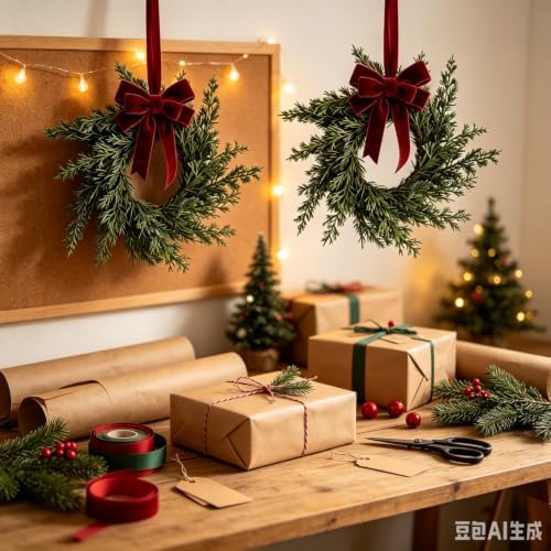 6 Pcs Small 4th of July Hanging Wreaths for Cabinets Patriotic Mini Candle Ring Wreath with Red White Blue Flowers (6, Winter Greenery Cedar Burgundy Bow) - Image 2