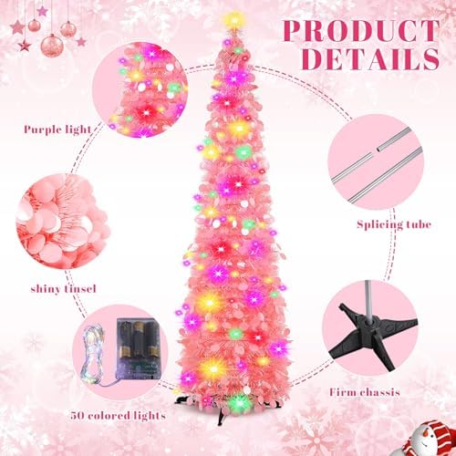 Aoriher 5 ft Pre-lit Pop up Light Pink Valentine's Day Tinsel Tree Decor Artificial Collapsible Slim Pencil Tree with String Light Sequins Reflective Valentine's Day Holiday Party Indoor Outdoor Home - Image 2