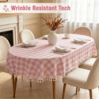 Pink Gingham Oval Tablecloth, Cotton Linen Texture, 52"x70" - Image 3