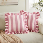 vctops Ruffle Square Throw Pillow Covers Boho Pink and Red Striped Decorative Pillowcases Set of 2, Soft Velvet Accent Cushion Cover Cases for Sofa Bed Living Room Decor (Pink Beige,18"x18") - Image 2
