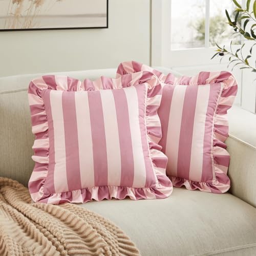 vctops Ruffle Square Throw Pillow Covers Boho Pink and Red Striped Decorative Pillowcases Set of 2, Soft Velvet Accent Cushion Cover Cases for Sofa Bed Living Room Decor (Pink Beige,18"x18") - Image 2