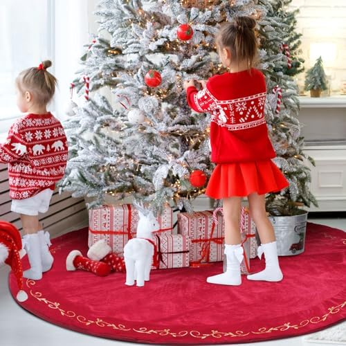 HyDren 72 Inch Velvet Christmas Red Tree Skirt(Classical Style) - Image 5