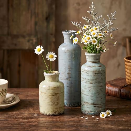 Ceramic Vase Set of 3, Rustic Distressed Bud Vases for Home Decor, Cottagecore Small Decorative Vases for Flowers, Centerpiece Table Vase Set for Living Room Kitchen Shelf Mantel Farmhouse - Image 3