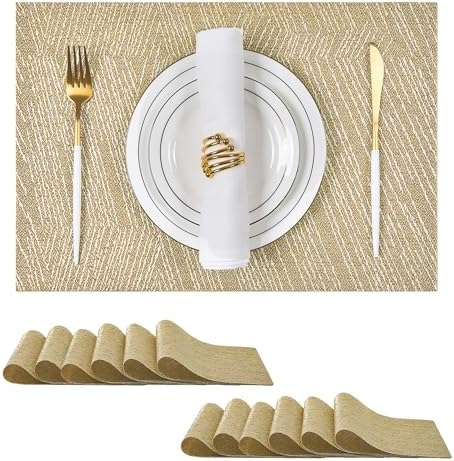 Leetaltree Gold Placemats Set of 12 - Heat Resistant Non-Slip Place mats for Dining Table, Washable Durable PVC Vinyl Woven Table Mats(Luxury Gold, 12) by Leetaltree-ArtatEveryTable
