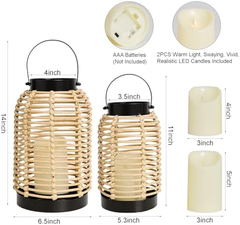 14in Lanterns Decorative for Home Decor- Decorative Candle Lanterns w/ LED Candles- Boho Rattan Woven Hanging Black Lanterns Decor for Indoor, Outdoor, Patio & Porch, Tabletop, Fireplace & Mantle - Image 2