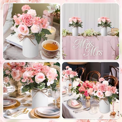 Domensi 6 Sets Wedding Centerpiece for Table Decoration Blush Pink Artificial Fake Rose Flower with Metal Vase Faux Silk Rose Bouquet Floral Arrangement for Bridal Shower Home Dining - Image 5