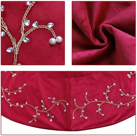 Bunny Chorus Christmas Tree Skirt, 60 inches Classic Large Velvet Fur Plush Red Tree Skirt, Baroque Tree Skirts with Gold Embroidered Pearls and Crystals for Merry Christmas - Image 4