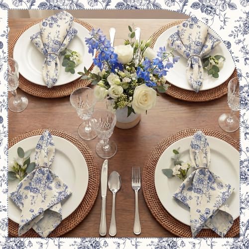 Mindsoft Set of 12 Floral Cloth Napkins Blue Linen Cloth Napkins - Image 4