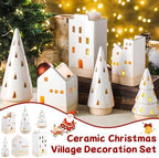 Beeveer 6 Pcs Christmas Ceramic Buildings Decoration, 4.4" to 9.4" White Christmas Tree & Houses Tealight Candle Holders Centerpiece Set for Winter Holiday Village Tabletop Mantel - Image 4