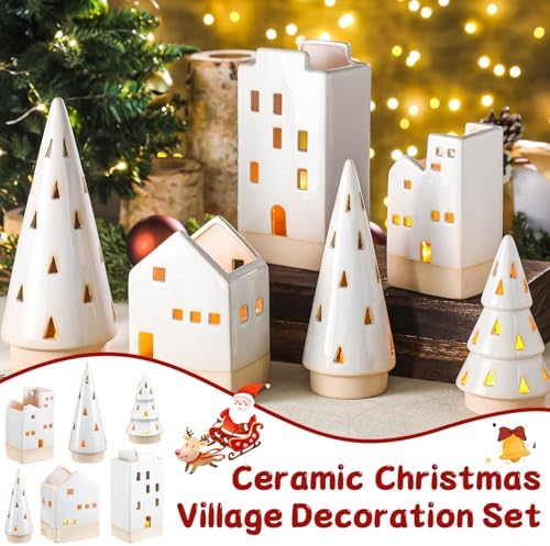 Beeveer 6 Pcs Christmas Ceramic Buildings Decoration, 4.4" to 9.4" White Christmas Tree & Houses Tealight Candle Holders Centerpiece Set for Winter Holiday Village Tabletop Mantel - Image 4