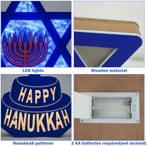 Krissing 12" Hanukkah Wooden Signs with Lights Battery Operated Happy Hanukkah Menorah with Blue Lights Star of David Hanukkah Lighted Signs for Hanukkah Table Mantel Jewish Holiday Decorations - Image 6