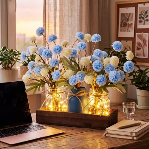 Suncalla 3pcs Blue White Fake Kiku Flowers Mason Jar Centerpiece - Image 4