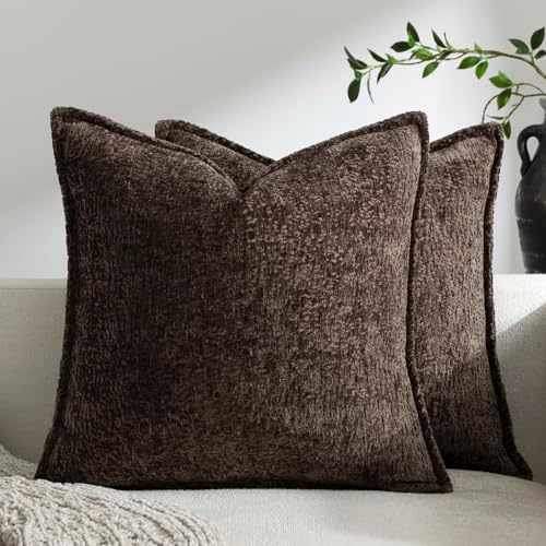 DEZENE Pack of 2 Chocolate Brown Decorative Throw Pillow Covers 20x20 Cozy Soft Chenille Accent Vintage Square Couch Pillow Covers for Home Decor Bed Sofa Living Room by DEZENE