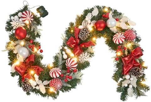 prelit 6ft Christmas Garland with 25 LED Lights with Timer, prelit red White Garland with Plenty Hand-Painted Ornaments,Festive Lighted Winter Decor for Front Door, Mantel, Stair & Fireplace by Vofuly