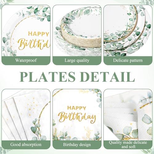 Potchen 452 Pcs Themes Party Supplies Decorations for 50 Guests, Paper Plates Napkins Cups Tablecloth Cutlery Straws for Birthday Baby Shower Party Decorations(Sage Green Gold,Birthday) - Image 2