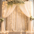 30x10ft Champagne Tulle Backdrop Curtain with Lights String for Parites, Sheer Backdrop Curtains for Wedding Baby Shower Birthday Party Photo Shoot Decorations by Partisky